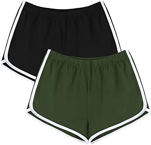URATOT 2 Pack Cotton Sports Shorts Yoga Short Pants Summer Running Athletic Shorts Women Dance Gym Workout Elastic Waist Shorts Black, Army Green