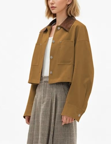 Womens Cropped Jacket Contrast Collar Long Sleeve Button Coat Casual Short Outwear with Pockets2