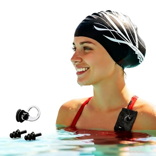 Extra Large Black Silicone Swim Cap for Long Hair - Odor-Free with 3D Ear Protection, Non-Slip Ultimate Fit for Women & Men Adults