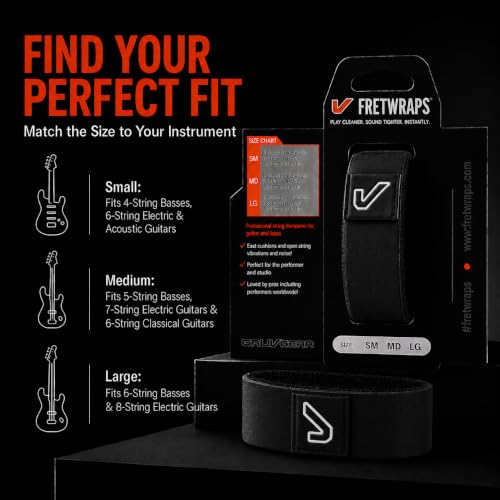 Image of Gruv Gear Fret Wrap & Guitar Mute Pro, Fretwrap for Acoustic, Electric & Bass | String Dampener Recording, Tapping & Practice Accessory (1 Pack, Large Black, Fits 6 String Bass, 8 String Guitar)