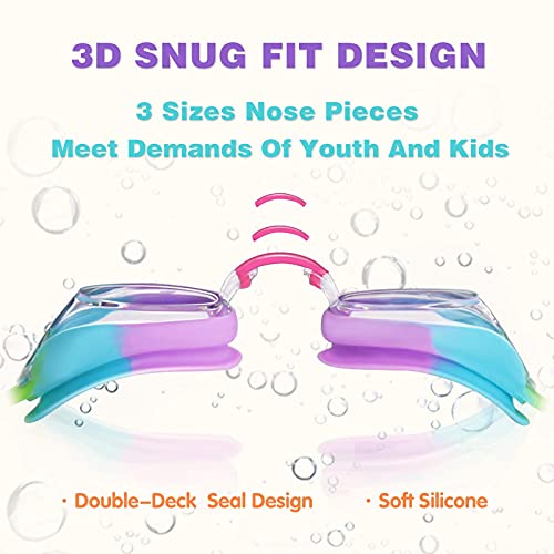 Keary 2 Pack Kids Swim Goggles Swimming Goggles For Toddler Children Girls Boys Youth, Anti-Fog Waterproof Uv Protection Crystal Clear Flat Lens Water Pool Goggles With 3 Nose Piece, Kids Goggles 3-9 #TOP6