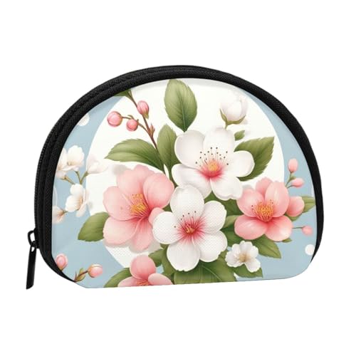 Portable Coin Purse Cherry-Blossoms-Peach-Floral Mini Zippered Money Pouch Card Holder