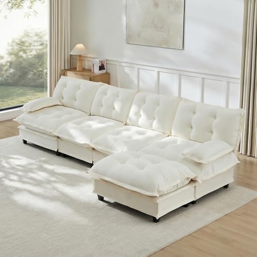 Image of 138 inch L-Shaped Sectional Couches for Living Room, Beige 4 Seater Modern Chenille Deep Seat Sofa Set, Salas para Casa, High Back Cloud Couch Modular Sectional Sets with Ottoman