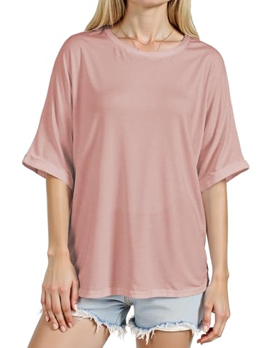 T-shirt surdimensionné à manches courtes femmes rose S, haut ample col rond tendance été 2024