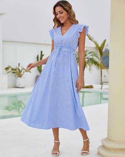 Bsubseach 2025 Cap Sleeve Cover Up Women Striped V Neck Beach Maxi Dress Drawstring Bathing Suit Coverups Swimwear2