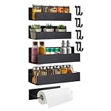 4 Pack Magnetic Fridge Shelf and Magnet Paper Towel Holder,Moveable Metal Magnet Fridge Spice Organizer Rack with 8 Hook,Black Magnetic Seasoning Shelves for side of Refrigerator, Microwave, Kitchen