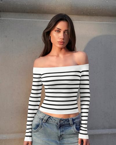 OQQ Women Off The Shoulder Knit Top Tide Striped T-Shirts Fitted Basic Tee 2025 Crop Tunics4