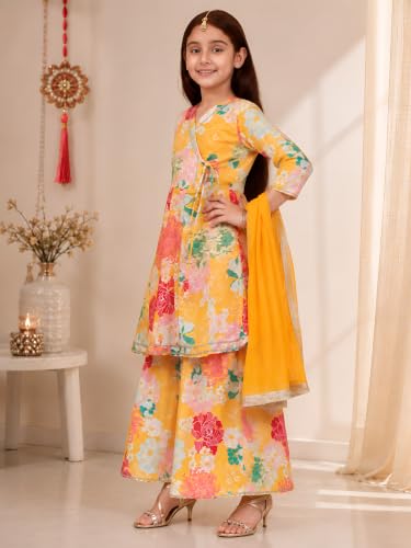 Image of Preneum Girls's Ethnic Cotton Bandhani & Lehariya Printed 3 /4 Sleeves Gotta Patti Angrakha Kurta with Sharara Set