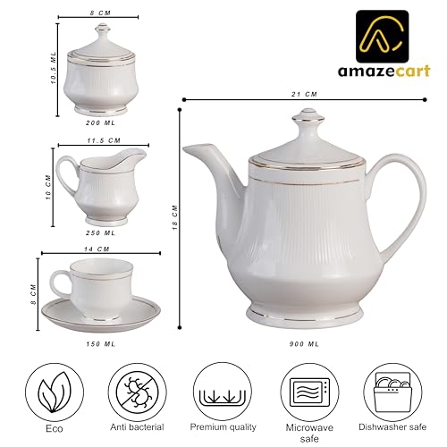 Image of Bone China Tea Set Gold Line in Royal Look(Set of 15 Pieces:6 Cups::6 Saucers::1 Milk Pot::1 Kettle& 1 Sugar Pot)