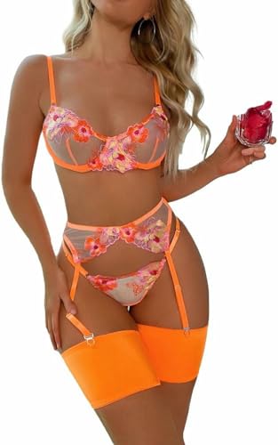 shwta Conjuntos de lencería sexy para mujer, conjunto de lencería traviesa con bordado floral con aros, tanga, liguero, liguero, San Valentín, discoteca, ropa erótica