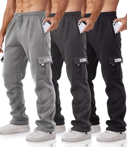 Minorlee Cargo Pants for Men 3 Pack Relaxed Fit Mens Joggers with Pockets Fleece Hiking Tactical Workout Pants Casual