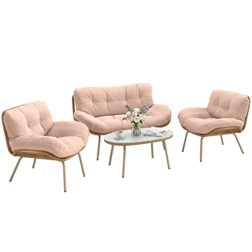 Outsunny Salon de Jardin 4 Pièces en Résine Tressée avec Coussin 12 cm Ultra Épais Mobilier de Jardin Chic Ensemble Terrasse avec Canapé 138 cm, 2...