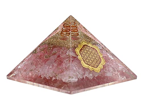Grande pyramide d'orgone en quartz rose et ogonite Fleur de Vie pour harmonisation