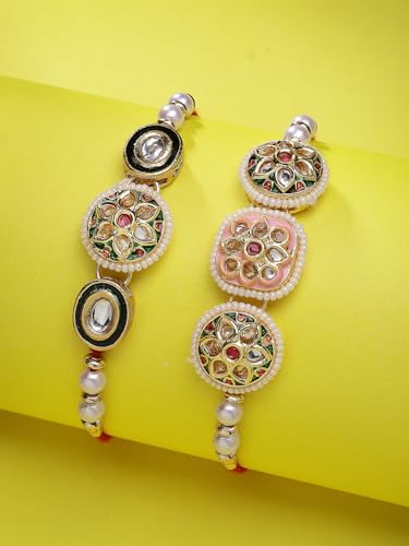 Image of Sukkhi Rakhi Traditional Kundan & Pearls Designer Meenakari Gold Plated Premium Rakhi for Brother with Roli Chawal & Greeting Card | Rakhi for Brother /Bhaiya /Bhai /Men|Rakhi Combo-Set of 2