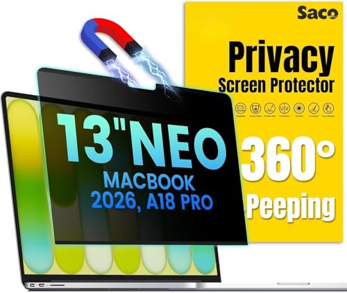 Image of Saco Magnetic Privacy Screen Protector Compatible with 2026 MacBook Neo 13 Inch A3404 (A18 Pro Chip) Laptop, Anti Spy Side Viewing Block Filter, Bubble-Free Install, Removable & Reusable