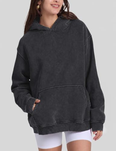 Image of FAIABLE Womens Oversized Acid Wash Hoodie Unisex Heavyweight Fleece Cotton Hoodies Vintage Washed Sweatshirt for Women