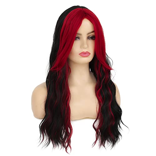 Baruisi Black and Red Long Curly Wavy Middle Part Synthetic Cosplay Wig for Women - Halloween Daily Party - Image 3