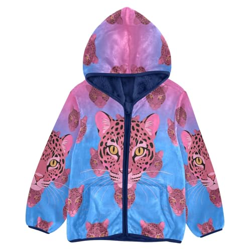 Leopard Faces Pink Toddler Fleece Jacket Girl Boys Hooded Fleece Jacket Coat Warm Outwear Zip-up 3-10T