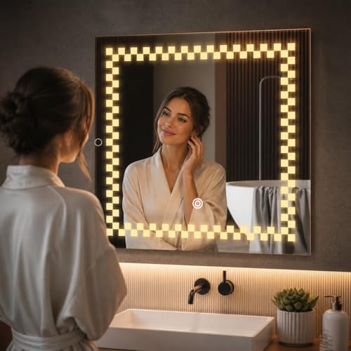 Image of LED Bathroom Wall Mirror with 3 Decorative Lights | Touch Sensor | Warm | Natural and Cool White | for Wash Basin | Bedroom | Dressing Area (Square, 18x18)
