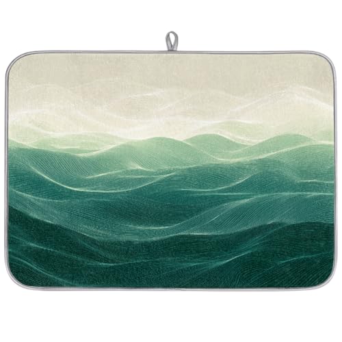 Tapete de secado de platos moderno con olas del océano verde azulado para encimera de cocina, tapete escurridor de platos absorbente, lavable para escurridores de encimera, 61 x 46 cm