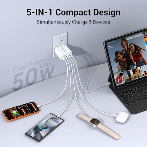Image of 50W USB Wall Charger Block, 2Pack 5-Port Charger Fast Charging Block QC 3.0 Multiport Type C Box Brick Cube USB A Wall Plug for iPhone 16 /15 /14 Pro Max Plus, iPad,Galaxy, LG, Moto, Android Phones