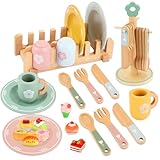 Accesorios de Cocinita de Madera para Niños,Juguetes de Cocina de Madera,Accesorios Cocina Juguetes con Platos y Vajilla Juegos de rol Regalo para Niñas y Niños de 3+ Años