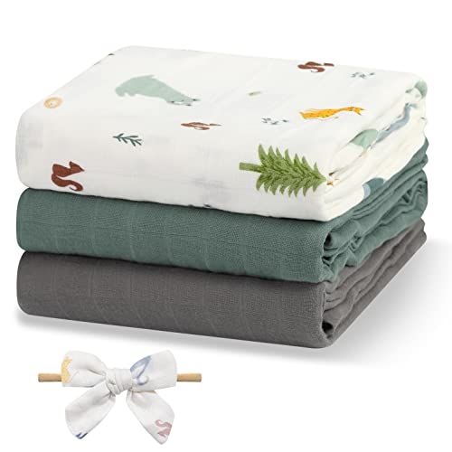 Image of Papablic Muslin Swaddle Blankets, 3-Pack Soft Silky Swaddle Blankets for Boys and Girls, Cotton Receiving Blanket with 1 Hair Bows, Solid Color/Animals, Large 47 x 47 inches