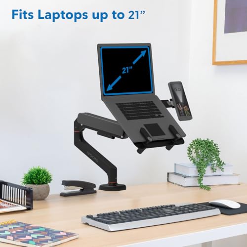 Image of iVOOMi Lappy Duo Gas Spring Laptop Stand for Desk with Magnetic Mobile Holder, 180 Rotating Laptop Arm, Holds Up to 10kg, VESA 100x100mm, Fits 10-21 Inch Laptops