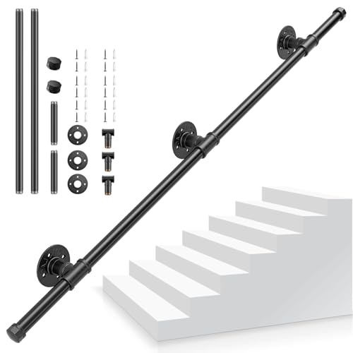 Pasamanos Escalera, 1,2M Pasamanos para Escaleras Interior Exterior, Pasamanos Negro con tubo de acero Galvanizado Industrial Antideslizante, Barandilla Escalera para Cocina Baño Jardín
