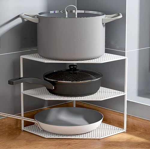 SHIHEER コーナー鍋ラック 3段 フライパンシュウノウ フライパンラック 縦 フライパンスタンド 鍋フライパン収納 縦置 鍋収納 幅35cm x 奥行25cm x 高12〜43cm 省スペース 一体成型 組み立て不要 多機能 鍋蓋 キッチン収納