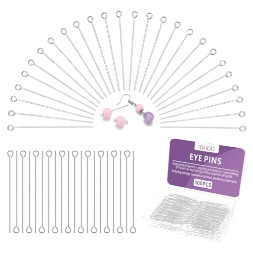 IOGOG 300PCS 1.6 Inch Eye Pins 40mm Stainless Steel Eye Pins for Jewelry Making Silver Eye Head Pins with 2mm Loop Easy Bend Jewelry Making Findings for DIY Earrings Necklaces Bracelets