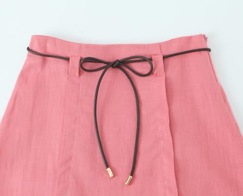 Women's Stylish Linen Blend A-Line Midi Skirt with Tie Belt and Vent Hem, High Waist Side Zipper Closure3