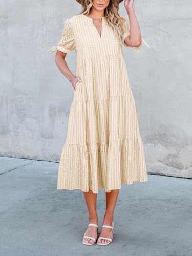 Image of Theenkoln Womens Casual Midi Dress: Short Sleeve V-Neck Empire Waist Gingham Spring Fashion Long Trendy Tiered Formal Dresses