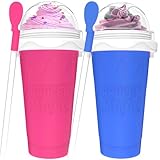 Jairuty 2PCS Slushie Maker Cup, Quick Frozen Magic Cups for Homemade Milk Shake Ice Cream Maker, Double Layer Squeeze Slushy Maker Cup, Birthday Gifts for Kids,Friends,Family (Blue+Pink)
