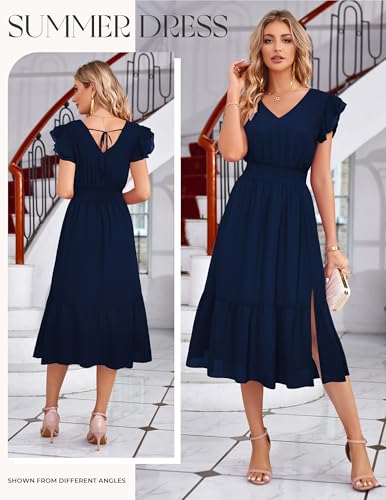 Image of GRACE KARIN 2026 Womens Summer Dresses V Neck Ruffle Sleeve Floral Boho Beach Dress A-Line Swing Midi Wedding Guest Sundress