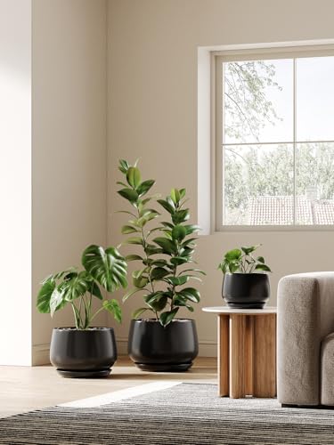 LE TAUCI Blumentopf Keramik mit Integrierter Untersetzer, 25 cm, Schwarz – Ansicht 3