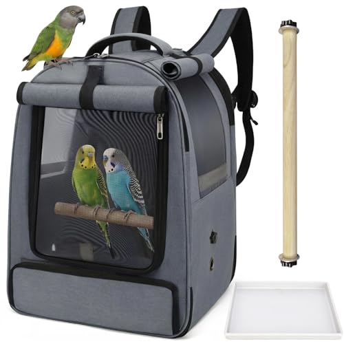 ALLSOPETS Vogelrucksack Leicht und Atmungsaktiv Tragbarer Papageiträger für Kleine Tiere mit Ständer Verstellbarer Höhe und Sichtfenster ideal für Reisen (Anthrazitgrau)