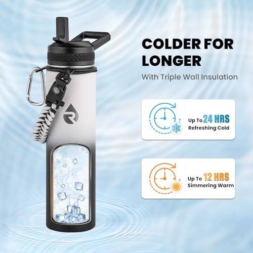 Image of RAYMYLO Insulated Water Bottle 24 oz, Triple Wall Vacuum Stainless Steel (Cold for 24Hrs, Hot for 12Hrs), Leak Proof & Non-BPA, Modern Water Flask Jug with Paracord Handle & Straw Spout Lids