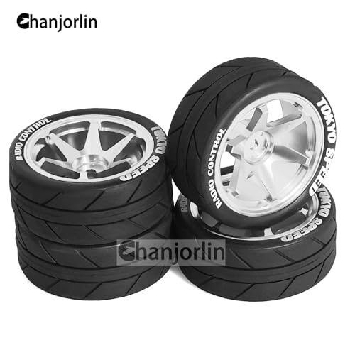 Chanjorlin 1/10 On Road Tires and Aluminum Wheels 12mm Hex RC Rally Racing Tyres OD 2.56" for Tamiya TT01 TT02 XV01 TA06 A959 PTG2 HPI KYOSHO PTG2 Traxxas 1:10 Street Touring Drift Car 4PCS (Silver)
