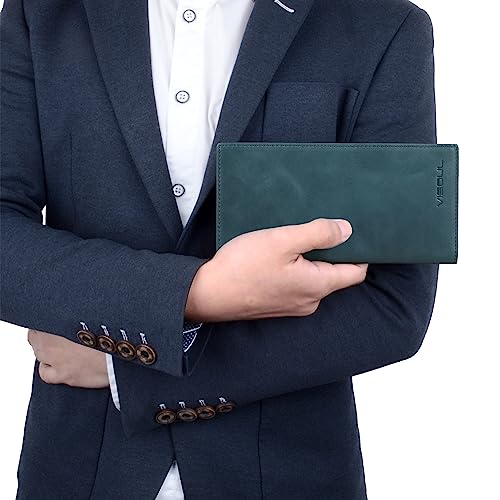 Image of VISOUL Leather Checkbook Cover Wallet for Men with RFID Blocking, Mens Long Bifold Cash Tall Wallet with 11 Credit Card Slots 1 ID Window (Dark Blue)