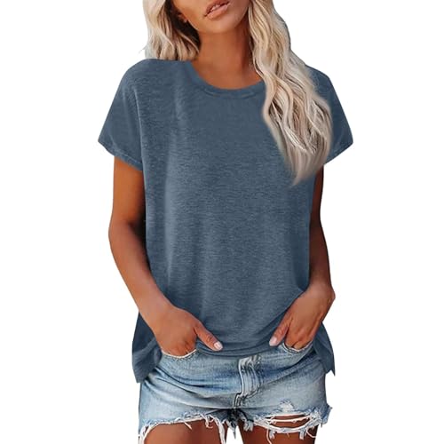 Blusas De Mujer Elegantes Manga Corta Verano Algodon Blusas Basicas Elegantes Ropa Mujer Verano 2025 Camisetas Cuello Redondo Suelto Casual Tops Ofertas Flash del Dia(Marina de Guerra,XXL)