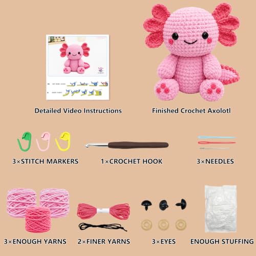 Image of CODGP Crochet Kit for Beginners, 11-Inch Axolotl Crochet Kit for Adults | Crochet Starter Kit Gift, Animal Amigurumi Kit, Durable Chenille Yarn, Full Supplies, Step-by-Step Videos, for Crochet Lovers