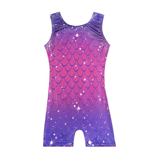 HOZIY Gymnastics Leotards with Shorts for Girls Toddlers Kids Biketard Tumbling Outfits Sparkle Unicorn Leopard Galaxy 4-5T Blue Purple Mermaid