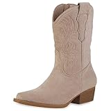  VAN HILL Damen Leicht Gefütterte Cowboy Boots Stiefeletten Schuhe Holzoptikabsatz Stiefel Spitze Stickereien Western Booties 208825 Beige 37