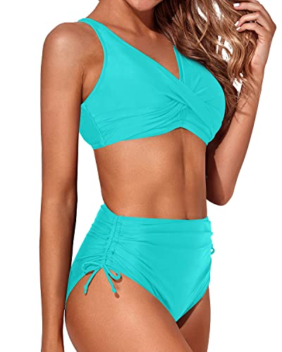 Aqua Eve Women High Waisted Bikini Twist Front Swimsuits Lace Up Bikini Tops Ruched Push Up 2 Piece Bathing Suits Mint Green Xxl #TOP2