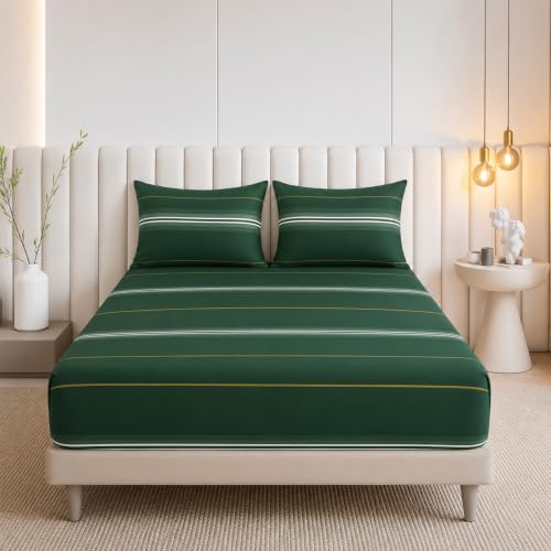 Image of 300 TC Cotton Feel Printed Bedsheet for Double Bed Set || 1 Double Bed Bedsheet Cotton with 2 Pillow Covers (8.3 x 7.5 Feet, Green Stripes)