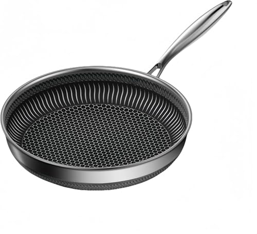 ハイブリッド ノンスティック フライパン IH/オーブン/食洗器 対応 強化ガラス 蓋付きの非塗装ハニカム加工の両面グリルパン、家庭用平底鍋、電磁調理器対応ステンレス 深型 厚型 油煙が出ない 中華鍋 ガラス蓋 多用途 ハンドル付きスティックパン すべての