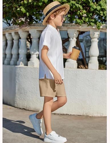 Image of Arshiner Boy's 2 Pieces Linen Sets Short Sleeve Henley Shirt and Shorts Summer Beach Matching Outfits 4-12 Years