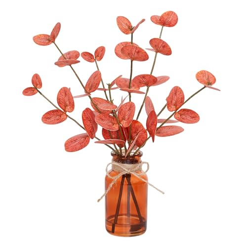 Muhanjia Artificial Eucalyptus Stems in Amber Glass Vase with Faux Water,3Pcs Fake Plant with Double-Sided Orange Leaves for Centerpiece (Double-Sided Orange Eucalyptus)