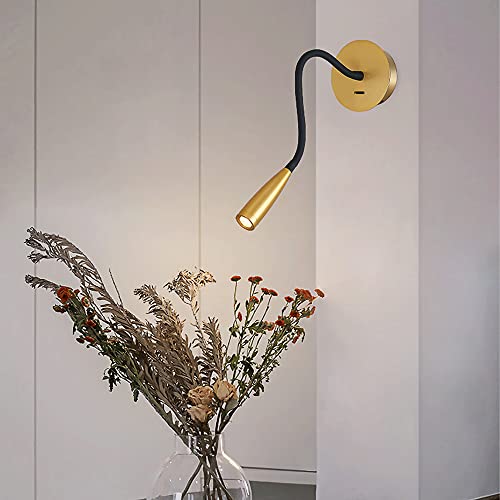 Lámpara de lectura LED de cabecera de 5W y aplique de pared de oro con cuello de cisne ajustable 7